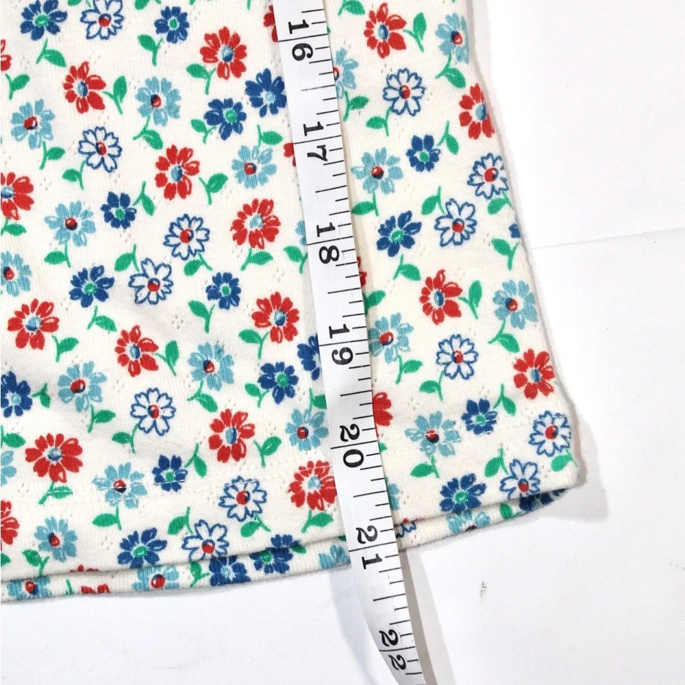 Mini Boden Cream White Short Sleeve Pointelle Tee with Red & Blue Floral Print
